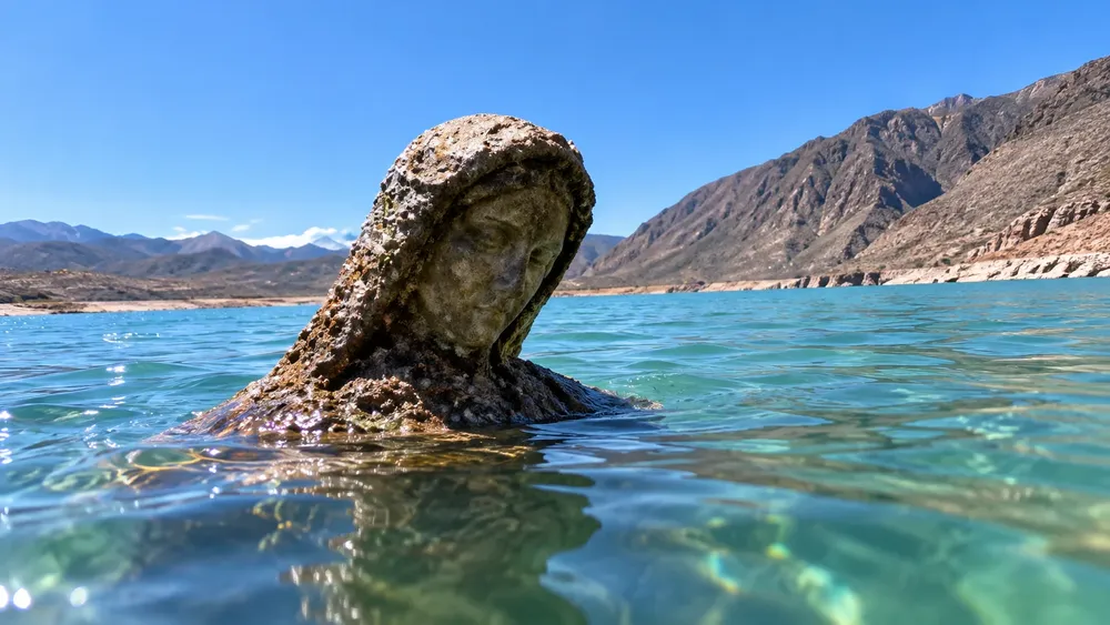 Estatua sumergida en lago montañoso