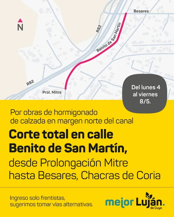 Corte total en calle Benito de San Martín por obras de hormigonado