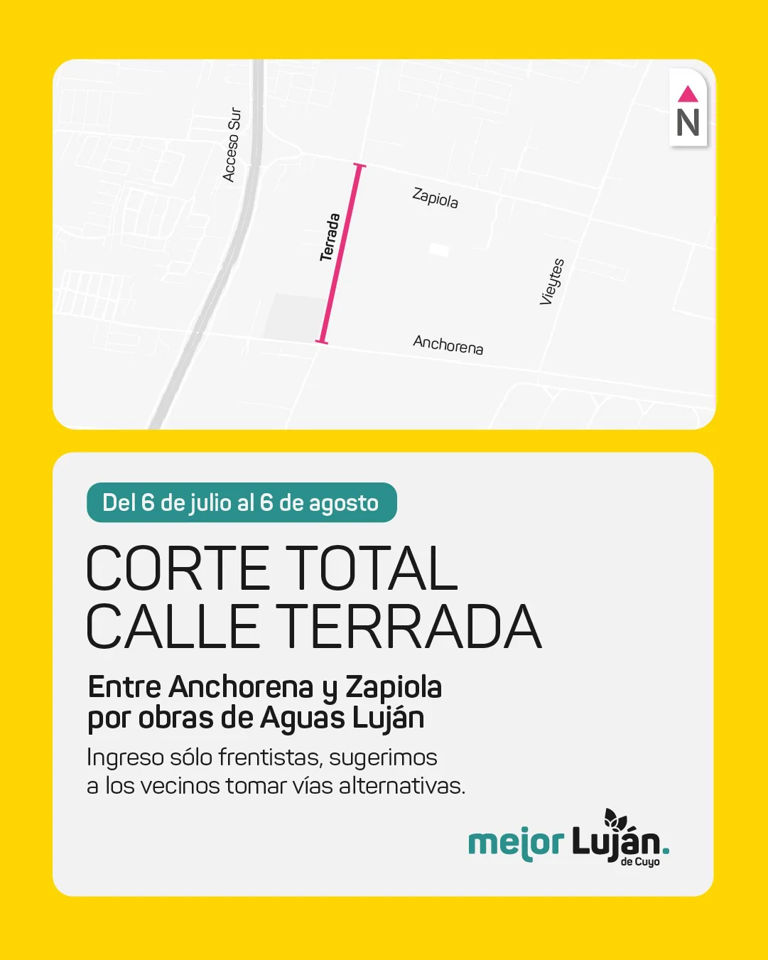 Corte total en calle Terrada por obras de Aguas Luján